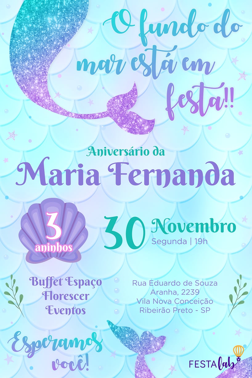 Modelo de Convite de Aniversario - Sereia brilhante Criar convite de aniversário - Sereia brilhante| FestaLab