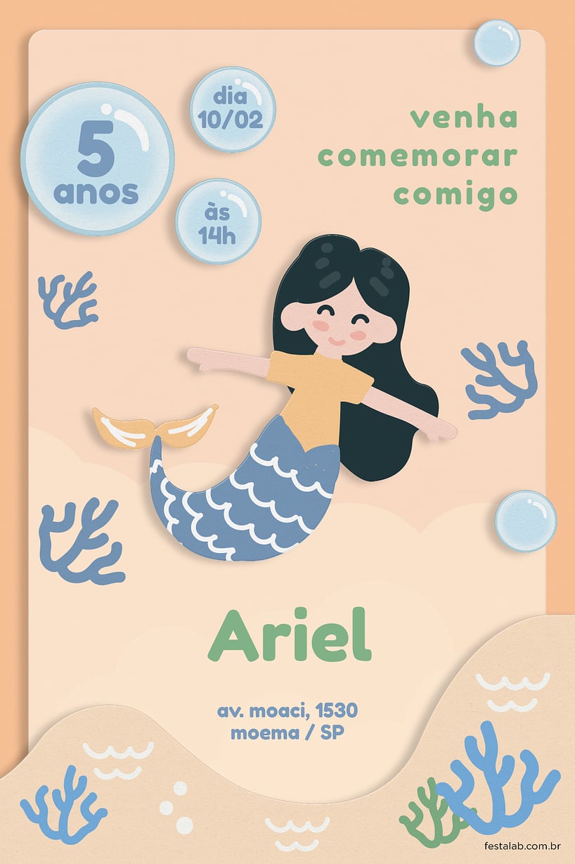 Modelo de Convite de Aniversario - Sereia Laranja Criar convite de aniversário - Sereia Laranja| FestaLab