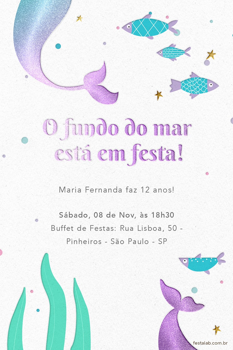 Modelo de Convite de Aniversario - Sereia no Mar Criar convite de aniversário - Sereia no Mar| FestaLab
