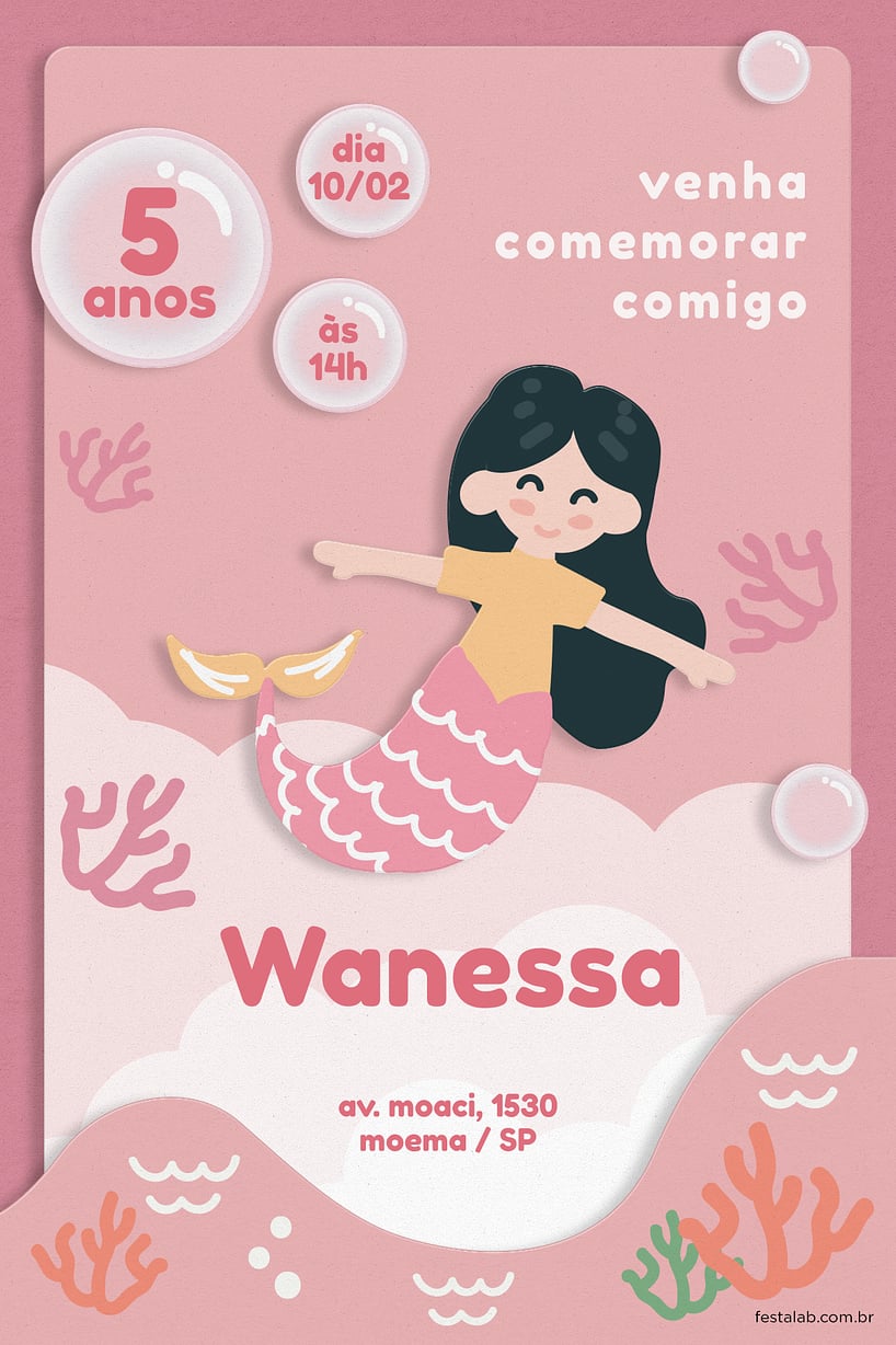 Modelo de Convite de Aniversario - Sereia Rosa Criar convite de aniversário - Sereia Rosa| FestaLab