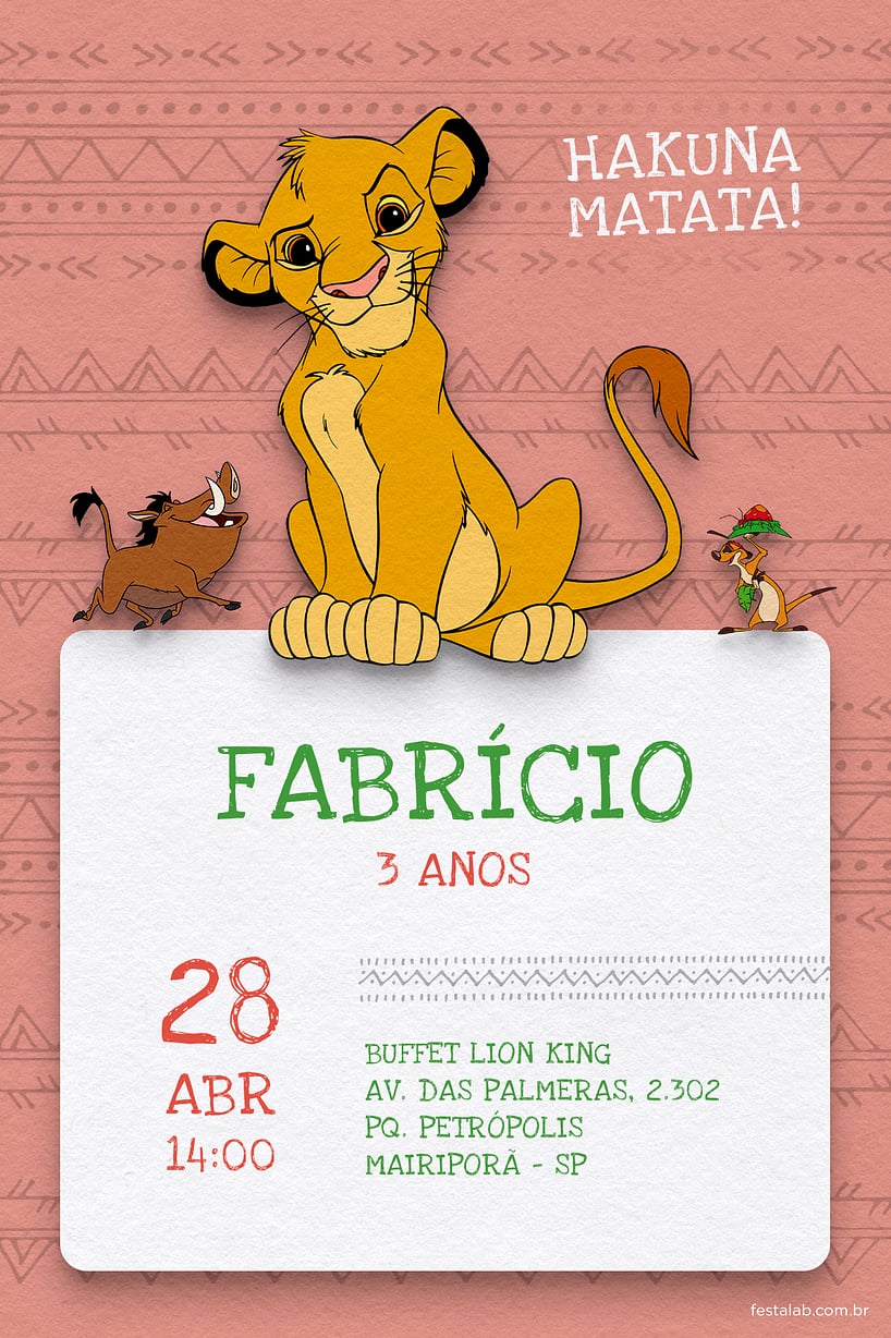 Modelo de Convite de Aniversario - Simba rosa Criar convite de aniversário - Simba rosa| FestaLab