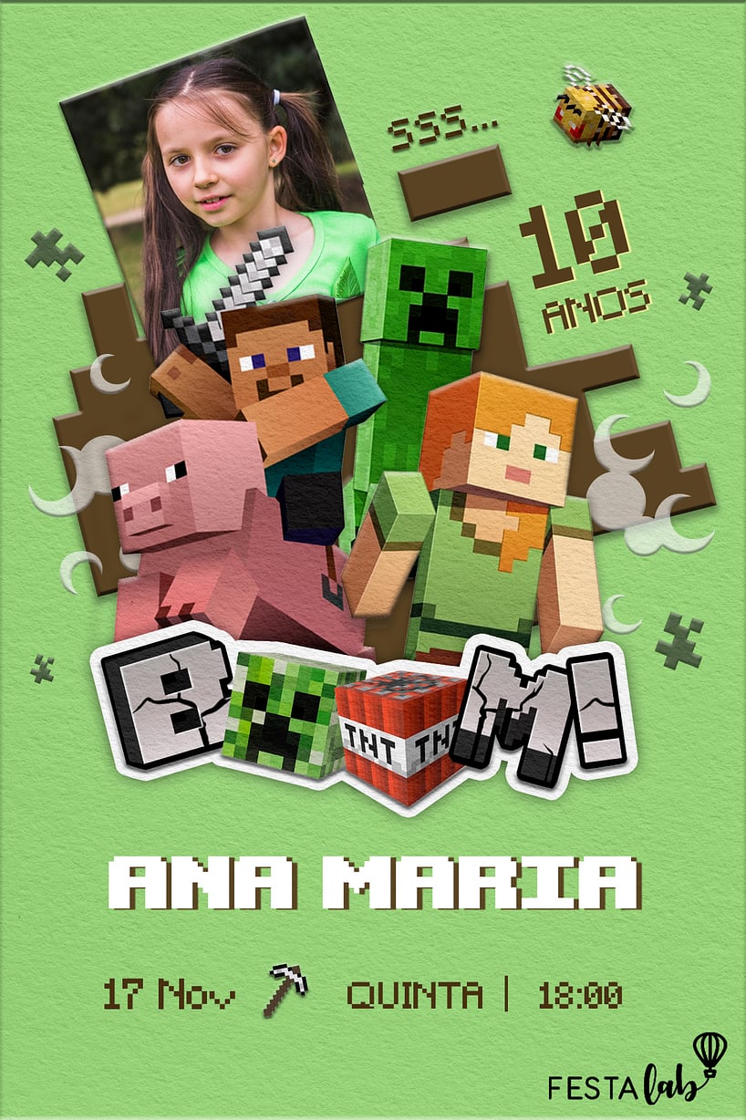 Modelo de Convite de Aniversario - Steve e Alex: Minecraft Criar convite de aniversário - Steve e Alex: Minecraft| FestaLab