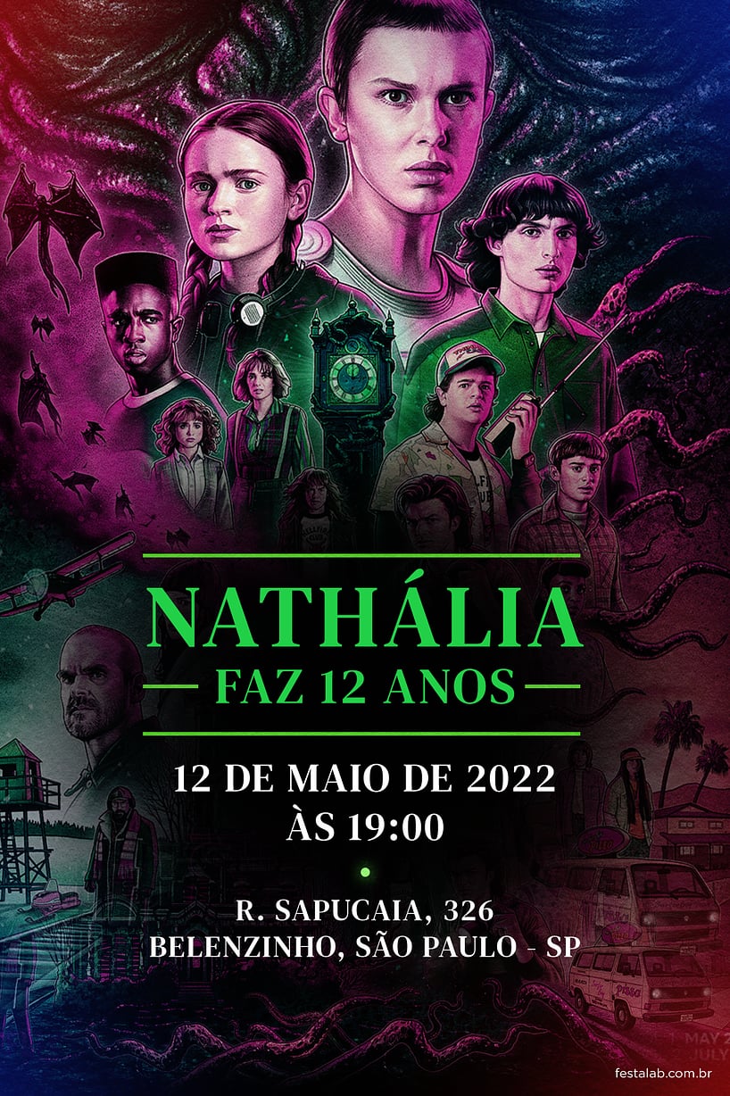 Modelo de Convite de Aniversario - Stranger Things Verde Criar convite de aniversário - Stranger Things Verde| FestaLab