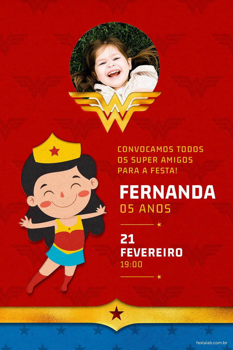 Modelo de Convite de Aniversario - Menina Maravilha Criar convite de aniversário - Menina Maravilha| FestaLab