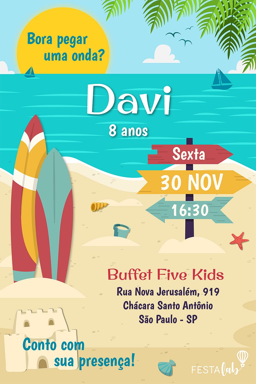 Modelo de Convite de Aniversario - Surf Criar convite de aniversário - Surf| FestaLab