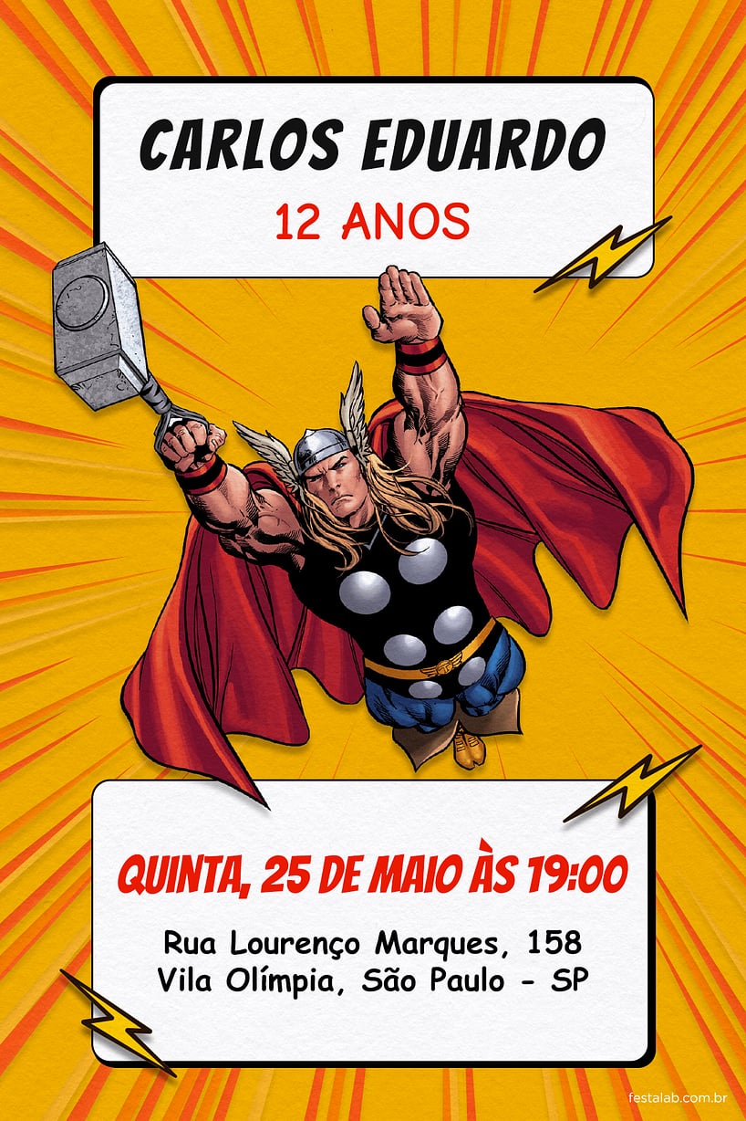 Modelo de Convite de Aniversario - Thor Amarelo Criar convite de aniversário - Thor Amarelo| FestaLab