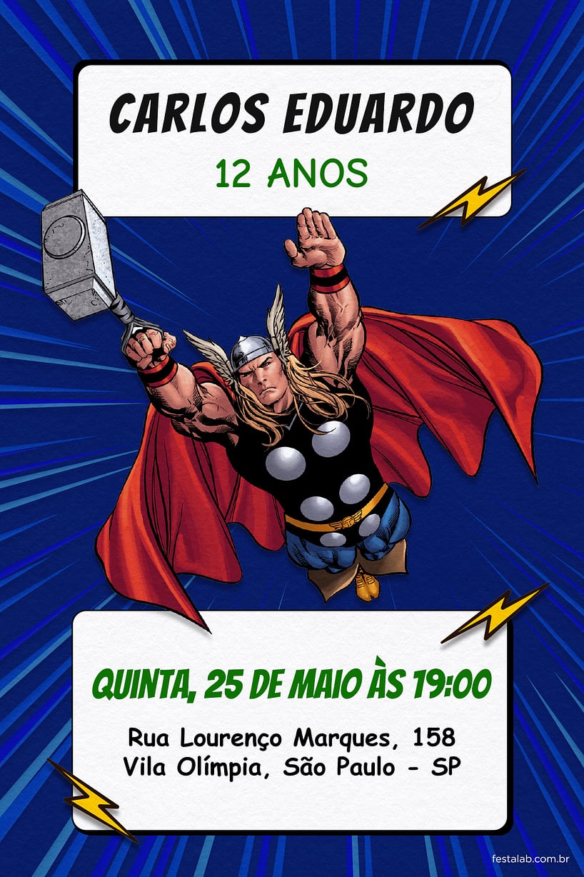 Modelo de Convite de Aniversario - Thor Azul Criar convite de aniversário - Thor Azul| FestaLab