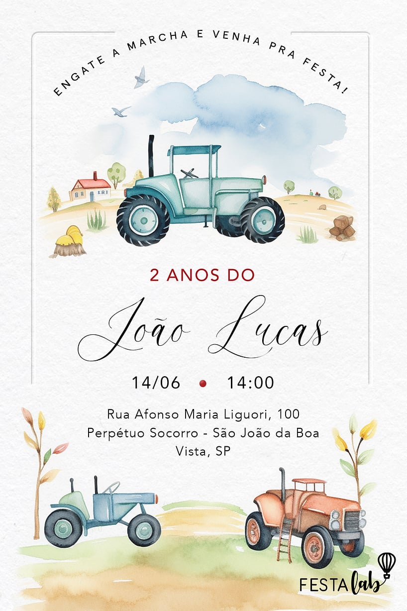 Modelo de Convite de Aniversario - Trator aquarelado Criar convite de aniversário - Trator aquarelado| FestaLab