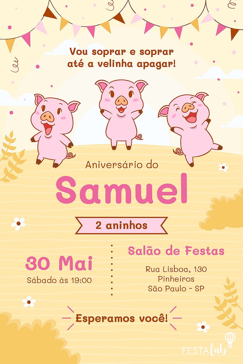 Modelo de Convite de Aniversario - Tres Porquinhos Criar convite de aniversário - Três Porquinhos| FestaLab