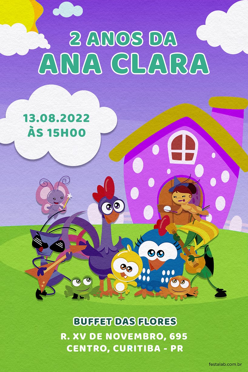 Modelo de Convite de Aniversario - Turma da Galinha roxo Criar convite de aniversário - Turma da Galinha roxo| FestaLab