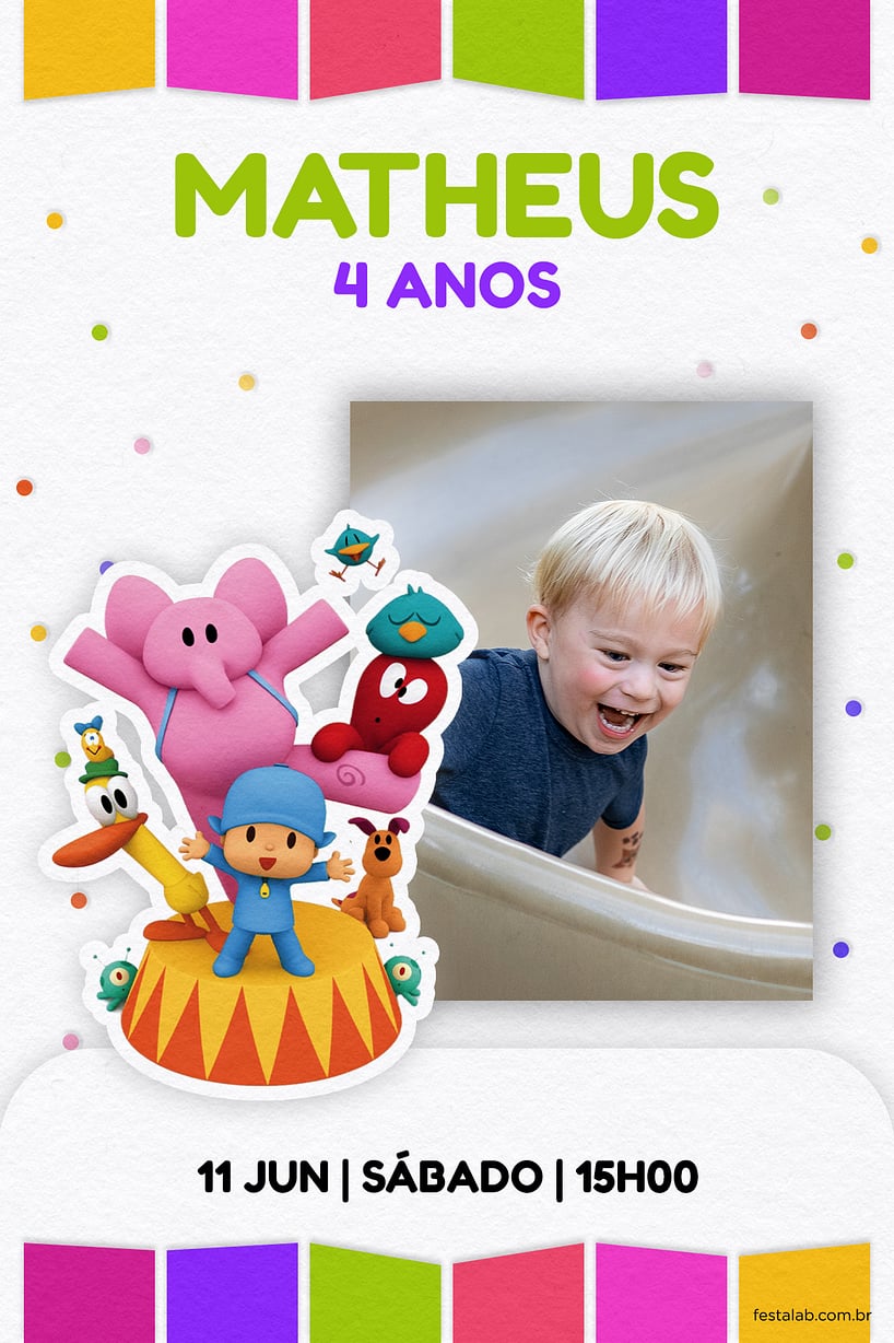 Modelo de Convite de Aniversario - Turma do Pocoyo Colorido Criar convite de aniversário - Turma do Pocoyo Colorido| FestaLab