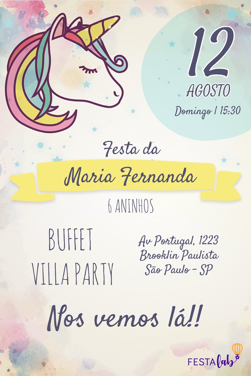 Modelo de Convite de Aniversario - Unicornio Criar convite de aniversário - Unicórnio| FestaLab