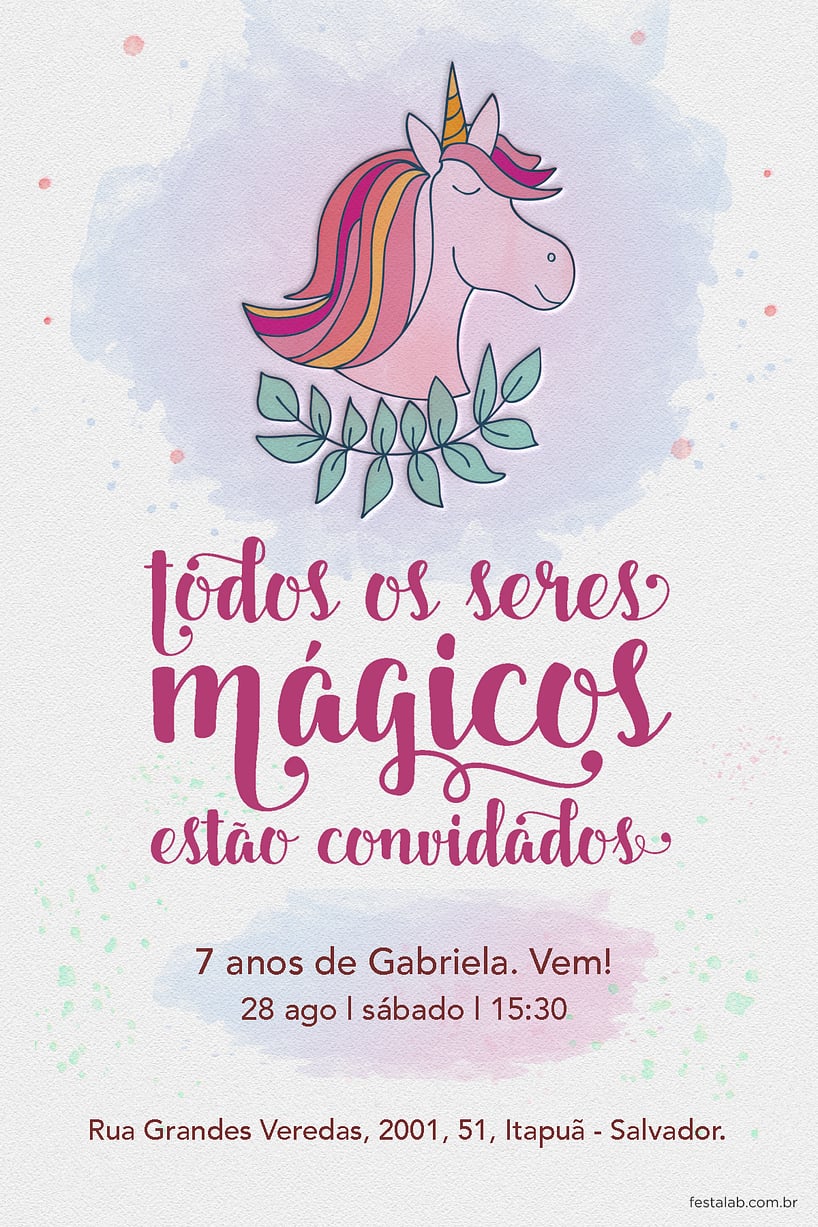 Modelo de Convite de Aniversario - Unicornio Aquarela Criar convite de aniversário - Unicórnio Aquarela| FestaLab