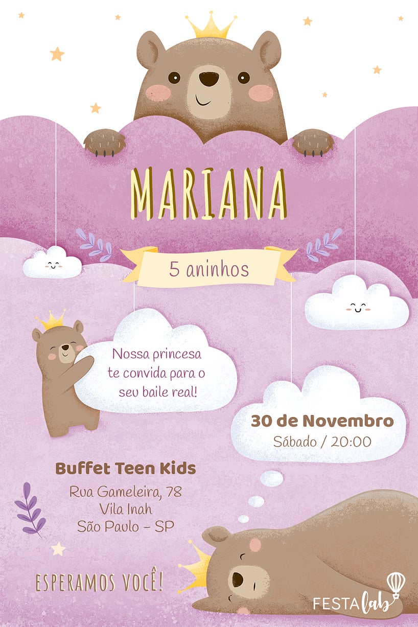 Modelo de Convite de Aniversario - Ursinha Princesa Criar convite de aniversário - Ursinha Princesa| FestaLab