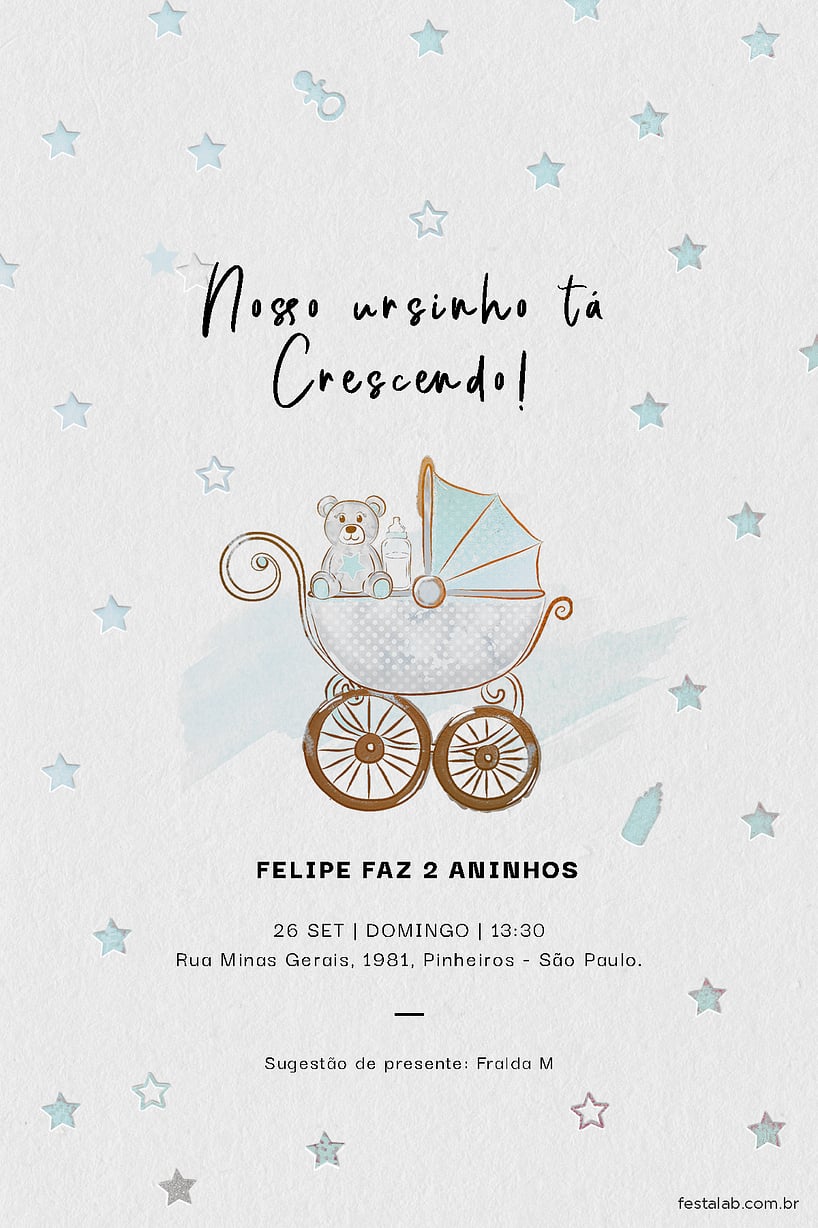 Modelo de Convite de Aniversario - Ursinho no Carrinho azul Criar convite de aniversário - Ursinho no Carrinho azul| FestaLab
