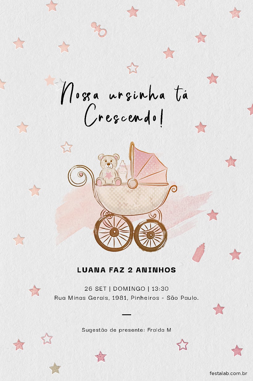 Modelo de Convite de Aniversario - Ursinho no Carrinho rosa Criar convite de aniversário - Ursinho no Carrinho rosa| FestaLab