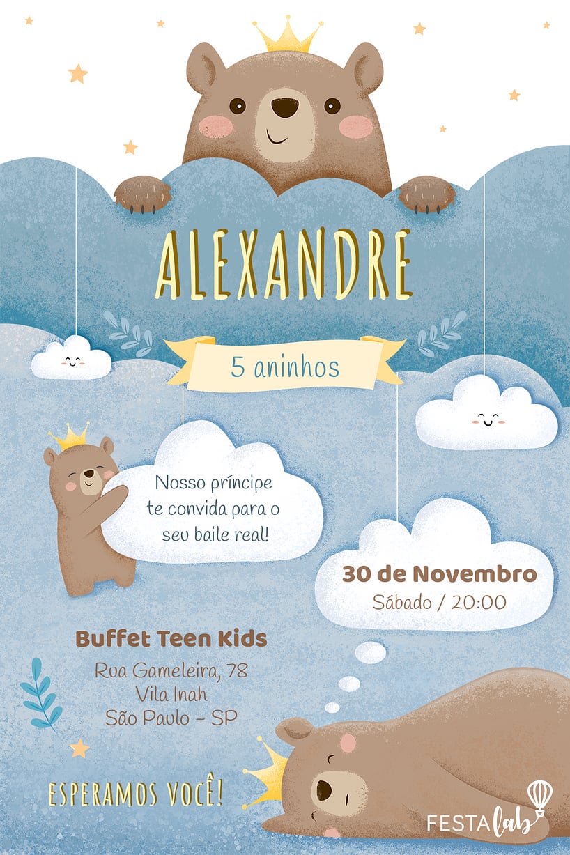 Modelo de Convite de Aniversario - Ursinho Principe Criar convite de aniversário - Ursinho Príncipe| FestaLab