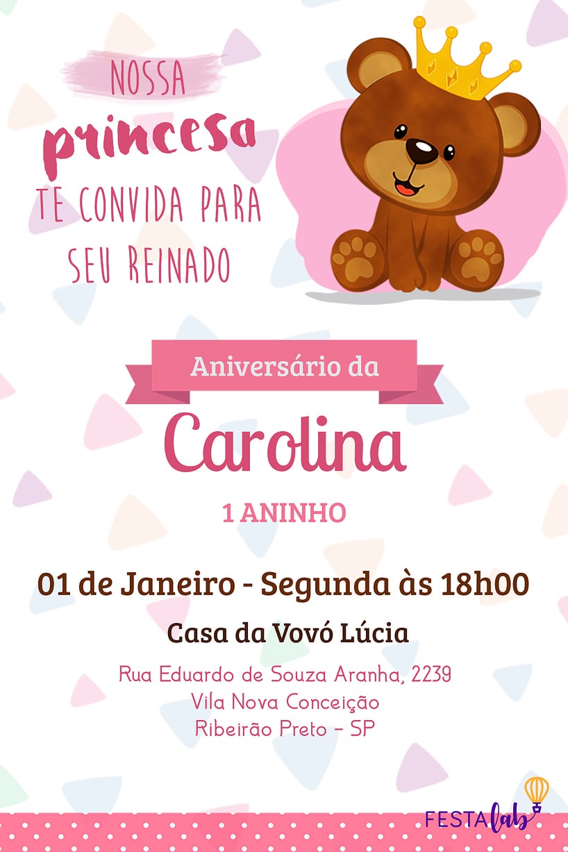 Modelo de Convite de Aniversario - Ursinho rosa Criar convite de aniversário - Ursinho rosa| FestaLab