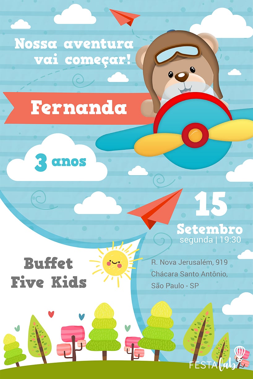 Modelo de Convite de Aniversario - Urso Aviador Criar convite de aniversário - Urso Aviador| FestaLab