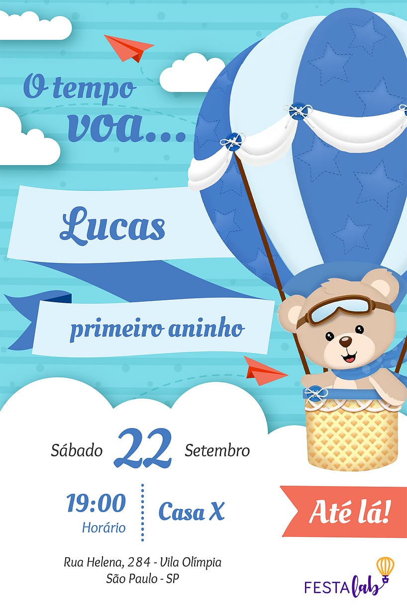 Modelo de Convite de Aniversario - Urso Baloeiro Criar convite de aniversário - Urso Baloeiro| FestaLab