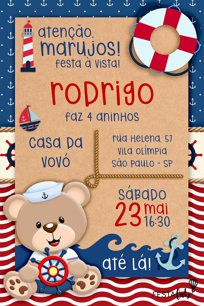 Modelo de Convite de Aniversario - Urso Marinheiro Criar convite de aniversário - Urso Marinheiro| FestaLab
