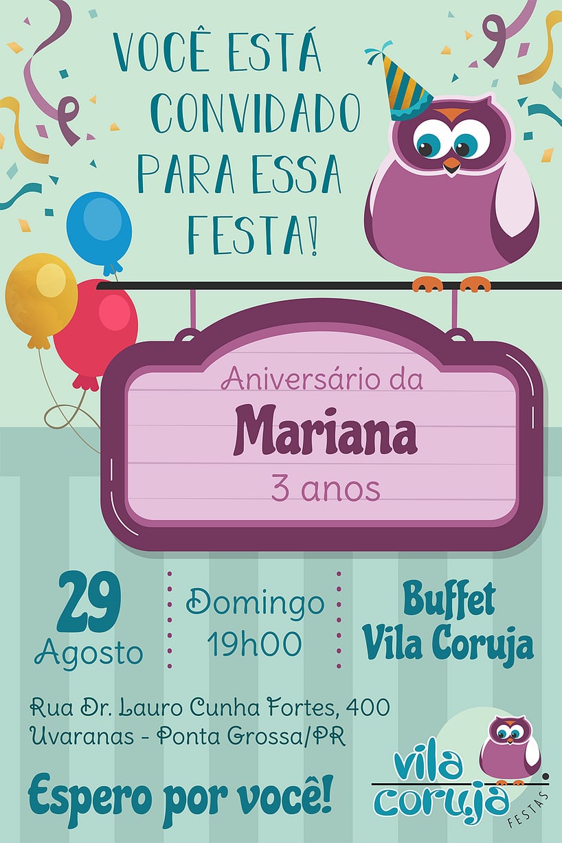 Modelo de Convite de Aniversario - Vila Coruja Festas Criar convite de aniversário - Vila Coruja Festas| FestaLab