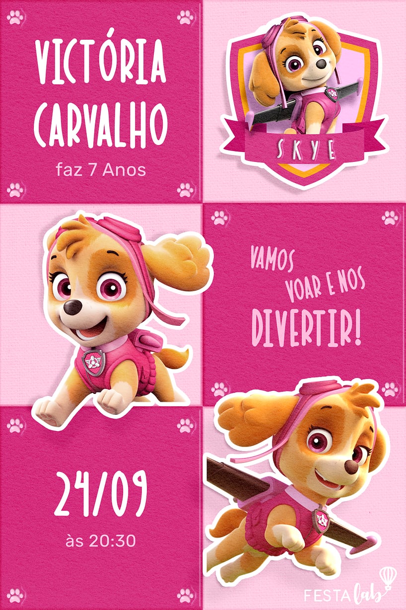 Modelo de Convite de Aniversario - Voe com Skye Criar convite de aniversário - Voe com Skye| FestaLab