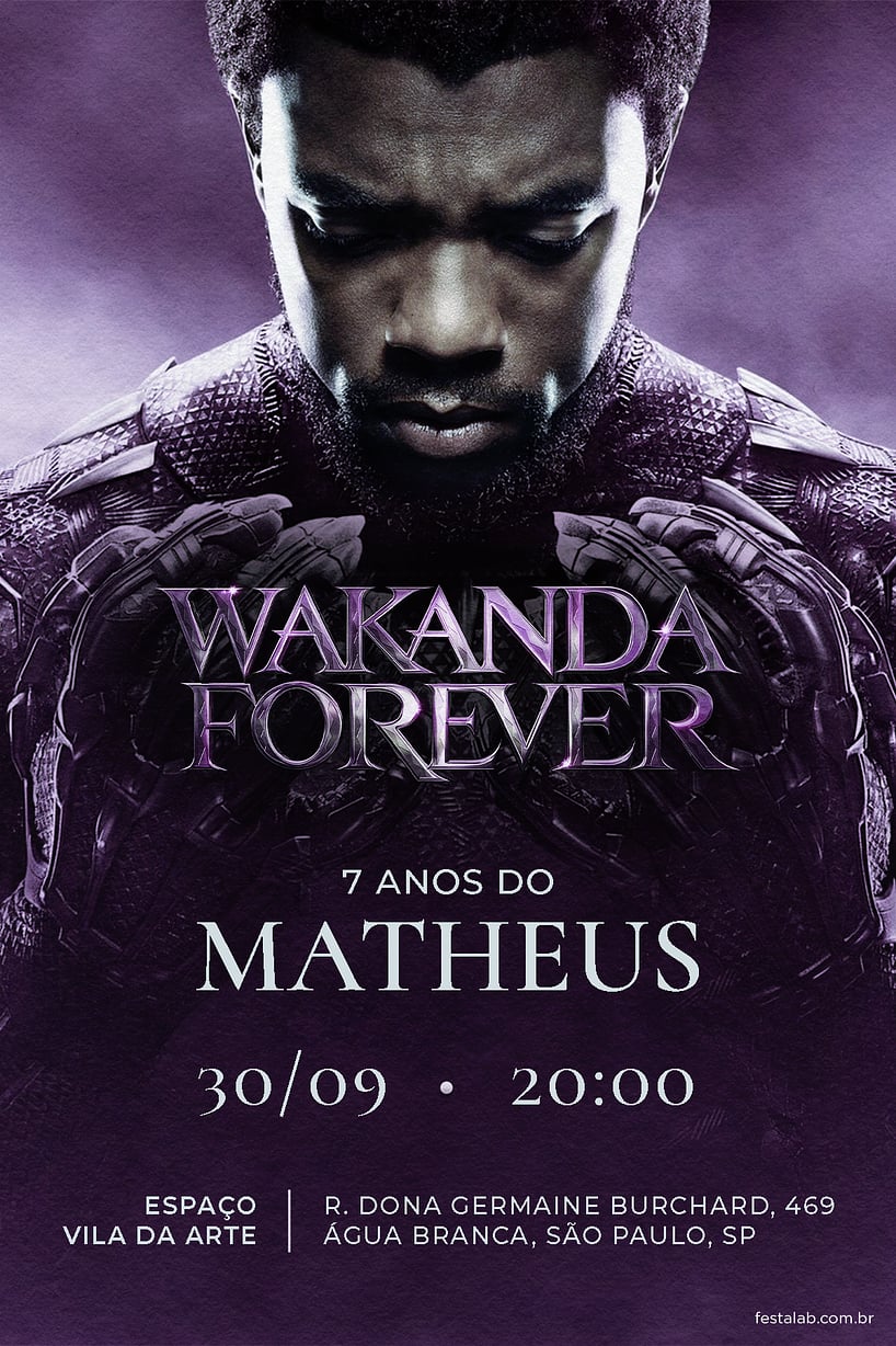 Modelo de Convite de Aniversario - Wakanda Forever: Roxo Criar convite de aniversário - Wakanda Forever: Roxo| FestaLab