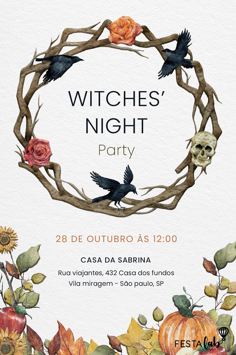 Modelo de Convite de Aniversario - Witches' Night Criar convite de aniversário - Witches' Night| FestaLab