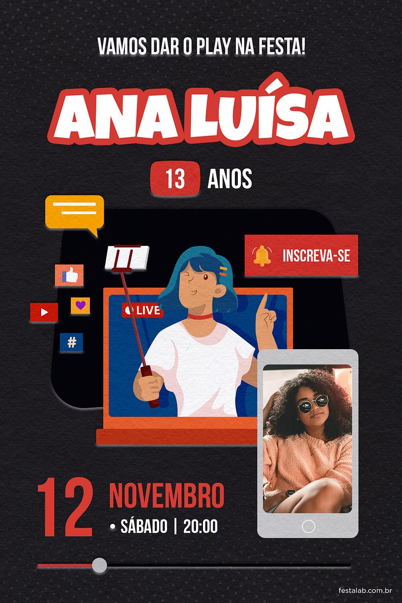 Modelo de Convite de Aniversario - Youtube Preto Criar convite de aniversário - Youtube Preto| FestaLab