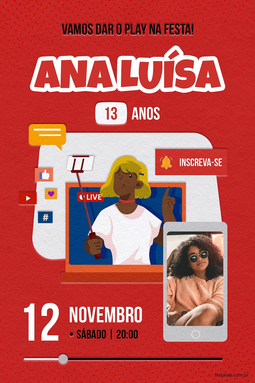 Modelo de Convite de Aniversario - Youtube Vermelho Criar convite de aniversário - Youtube Vermelho| FestaLab