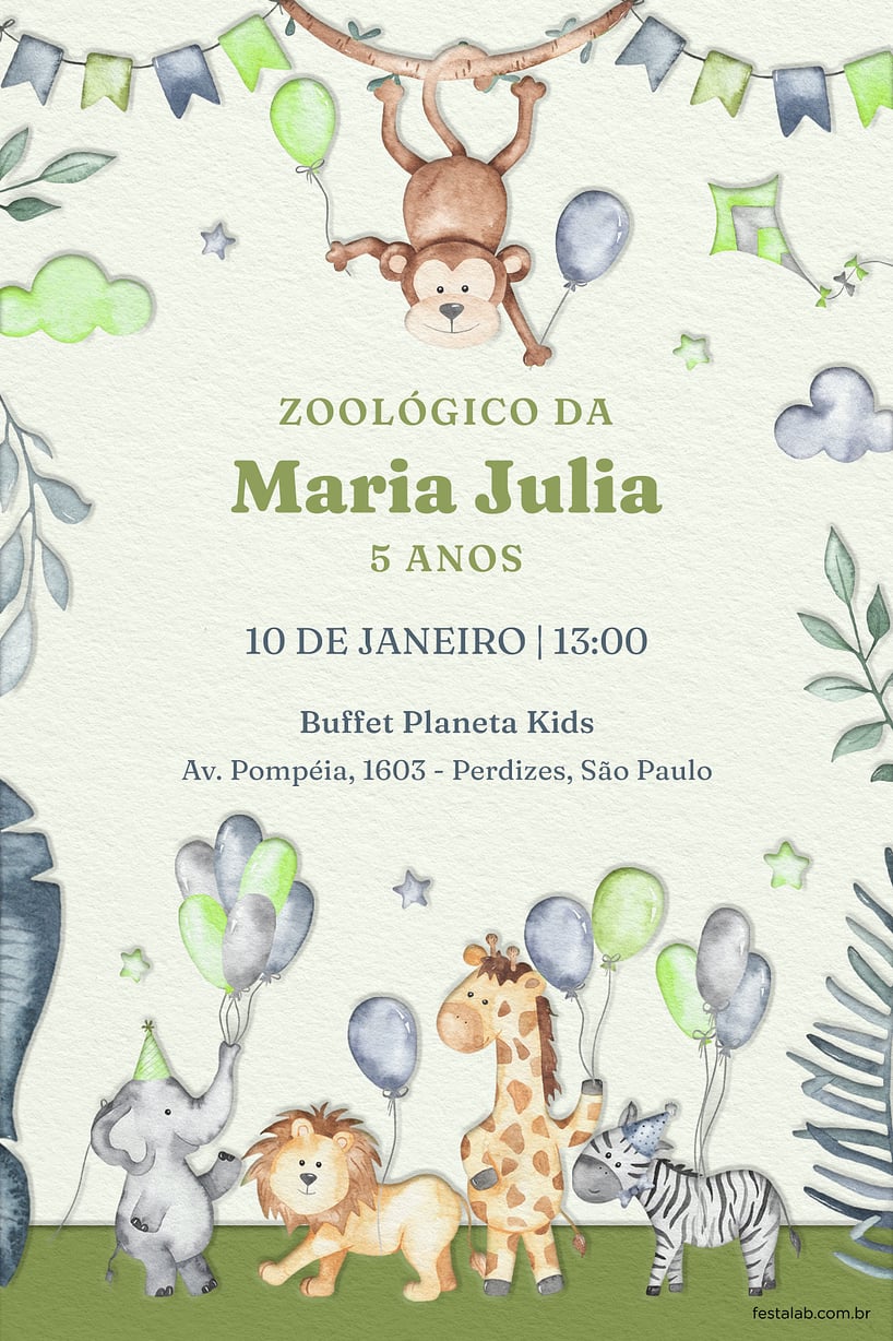 Modelo de Convite de Aniversario - Zoologico verde Criar convite de aniversário - Zoológico verde| FestaLab