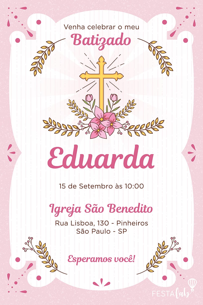 Modelo de Convite de Batizado - Batizado Rosa Criar convite de Batizado - Batizado Rosa| FestaLab