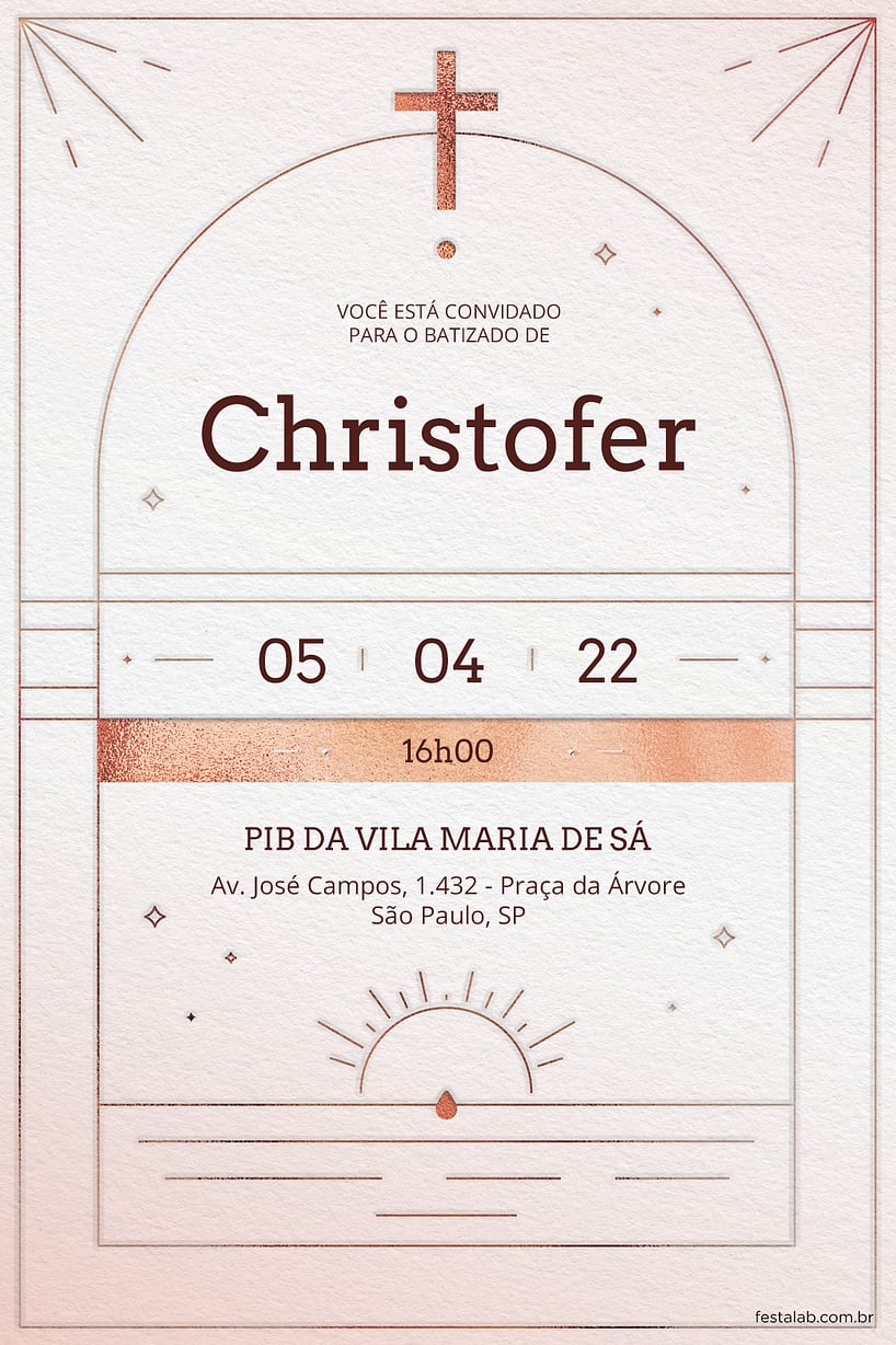 Modelo de Convite de Batizado - Catedral minimalista rose gold Criar convite de Batizado - Catedral minimalista rose gold| FestaLab