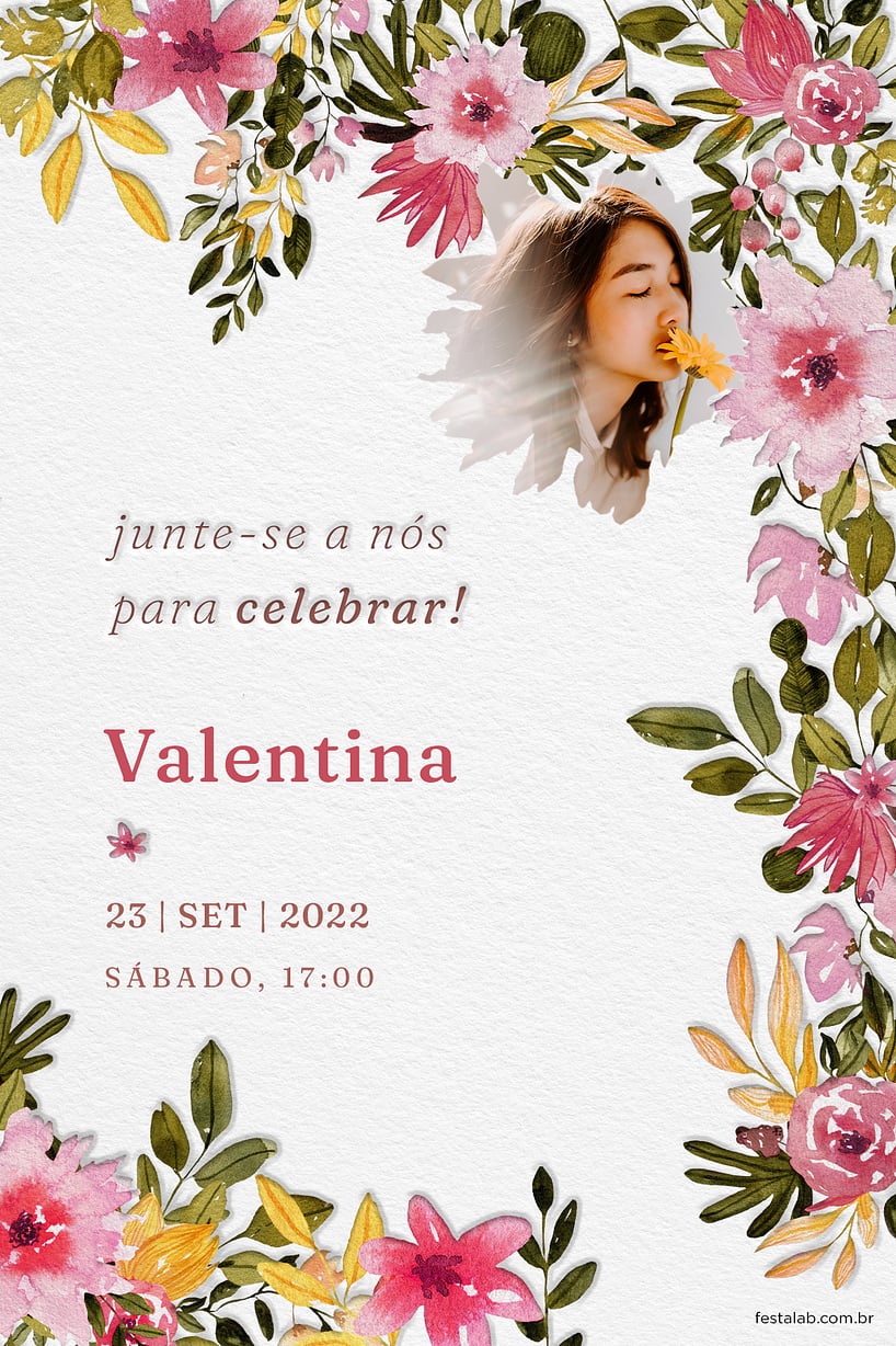 Modelo de Convite de Batizado - Floral rosado Criar convite de Batizado - Floral rosado| FestaLab