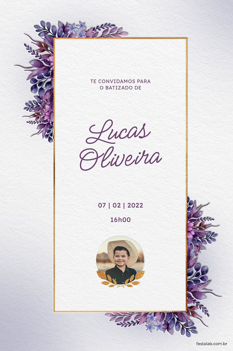 Modelo de Convite de Batizado - Folhas da comunhao lilas Criar convite de Batizado - Folhas da comunhão lilás| FestaLab