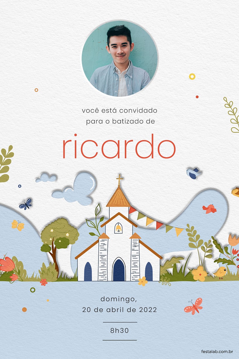 Modelo de Convite de Batizado - Igreja catolica colorida Criar convite de Batizado - Igreja católica colorida| FestaLab