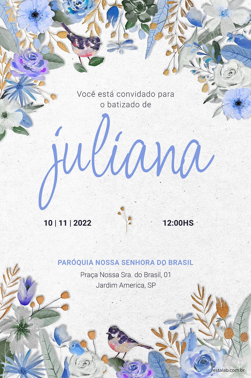 Modelo de Convite de Batizado - Jardim azul em comunhao Criar convite de Batizado - Jardim azul em comunhão| FestaLab