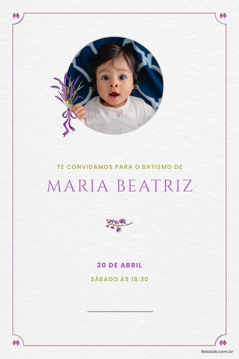 Modelo de Convite de Batizado - Ramo de flores lilas Criar convite de Batizado - Ramo de flores lilas| FestaLab