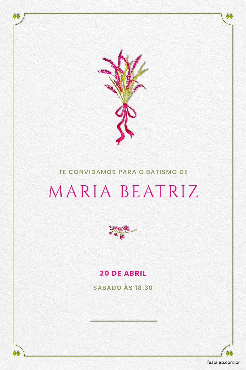 Modelo de Convite de Batizado - Ramo de flores rosa Criar convite de Batizado - Ramo de flores rosa| FestaLab