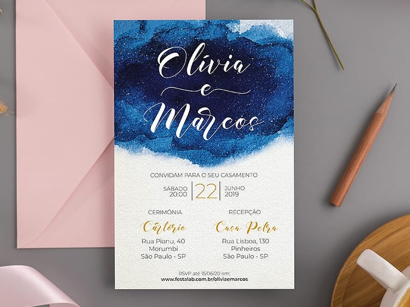 Modelo de Convite de Casamento - Aquarela Azul Crie seu convite de casamento - Aquarela Azul| FestaLab