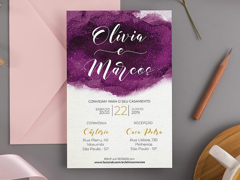 Modelo de Convite de Casamento - Aquarela Roxo Crie seu convite de casamento - Aquarela Roxo| FestaLab