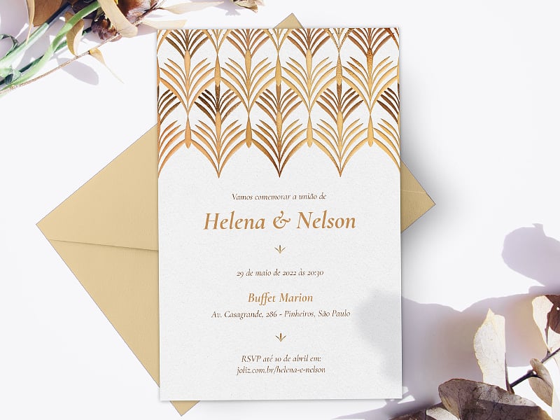 Modelo de Convite de Casamento - Arabescos dourado Crie seu convite de casamento - Arabescos dourado| FestaLab
