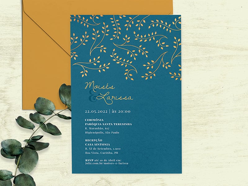 Modelo de Convite de Casamento - Arranjo de folhas: Azul Crie seu convite de casamento - Arranjo de folhas: Azul| FestaLab