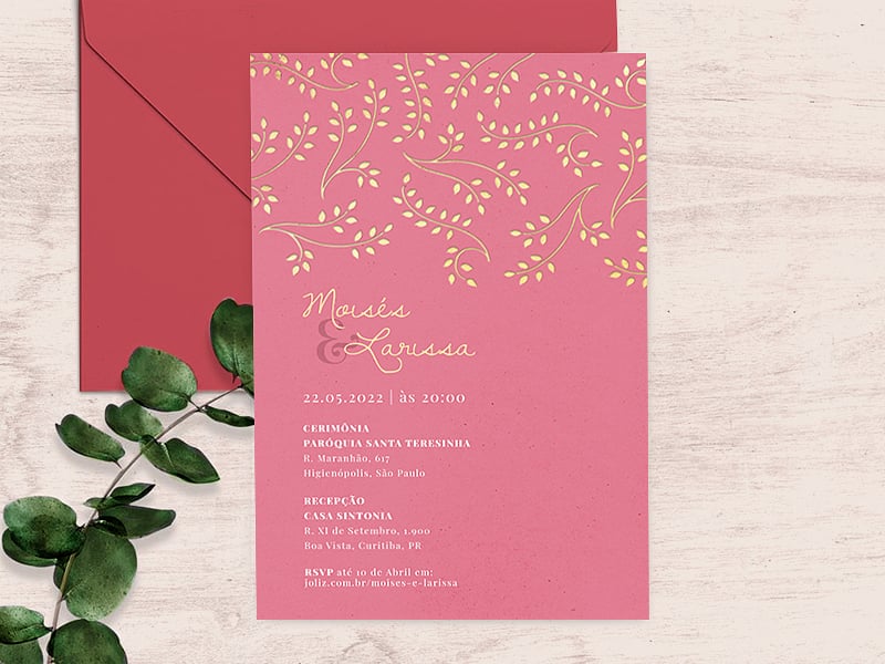 Modelo de Convite de Casamento - Arranjo de folhas: Rosa Crie seu convite de casamento - Arranjo de folhas: Rosa| FestaLab