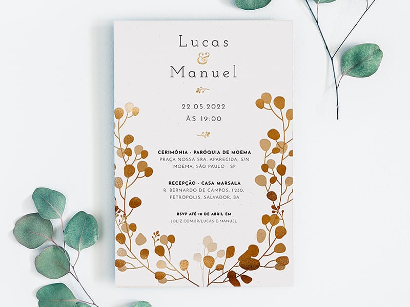 Modelo de Convite de Casamento - Arranjo de Pilea dourado Crie seu convite de casamento - Arranjo de Pilea dourado| FestaLab