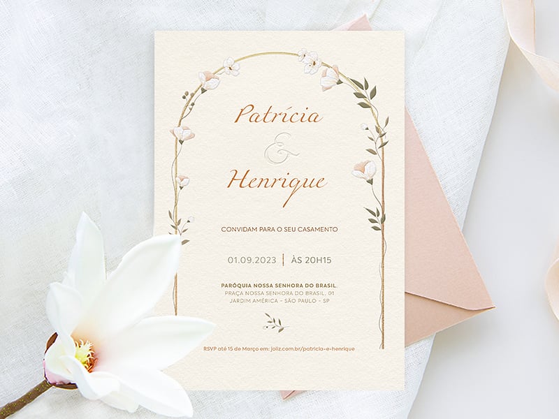 Modelo de Convite de Casamento - Arranjo Pe?ssego e Flores Brancas Crie seu convite de casamento - Arranjo Pêssego e Flores Brancas| FestaLab
