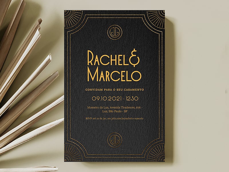 Modelo de Convite de Casamento - Art Deco Escuro Crie seu convite de casamento - Art Deco Escuro| FestaLab