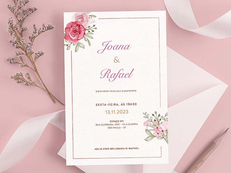 Modelo de Convite de Casamento - Buque rosa e dourado Crie seu convite de casamento - Buquê rosa e dourado| FestaLab