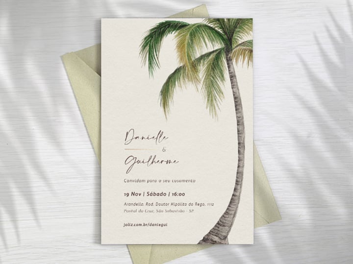 Modelo de Convite de Casamento - Coqueiro Aquarelado Crie seu convite de casamento - Coqueiro Aquarelado| FestaLab